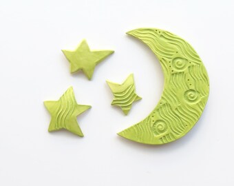 wall hanging moon and stars - ceramic cosmic wall decor - celestial decor - Chartruse Green wall sculpture - Pottery -Ceramic Moon - dreamy