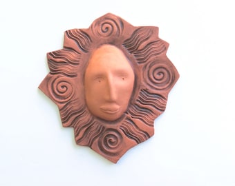 wall art ceramic sculpture - sun wall hanging terracotta - playful garden decor - burnt orange - Orange sun - celestial bohemian - folk art