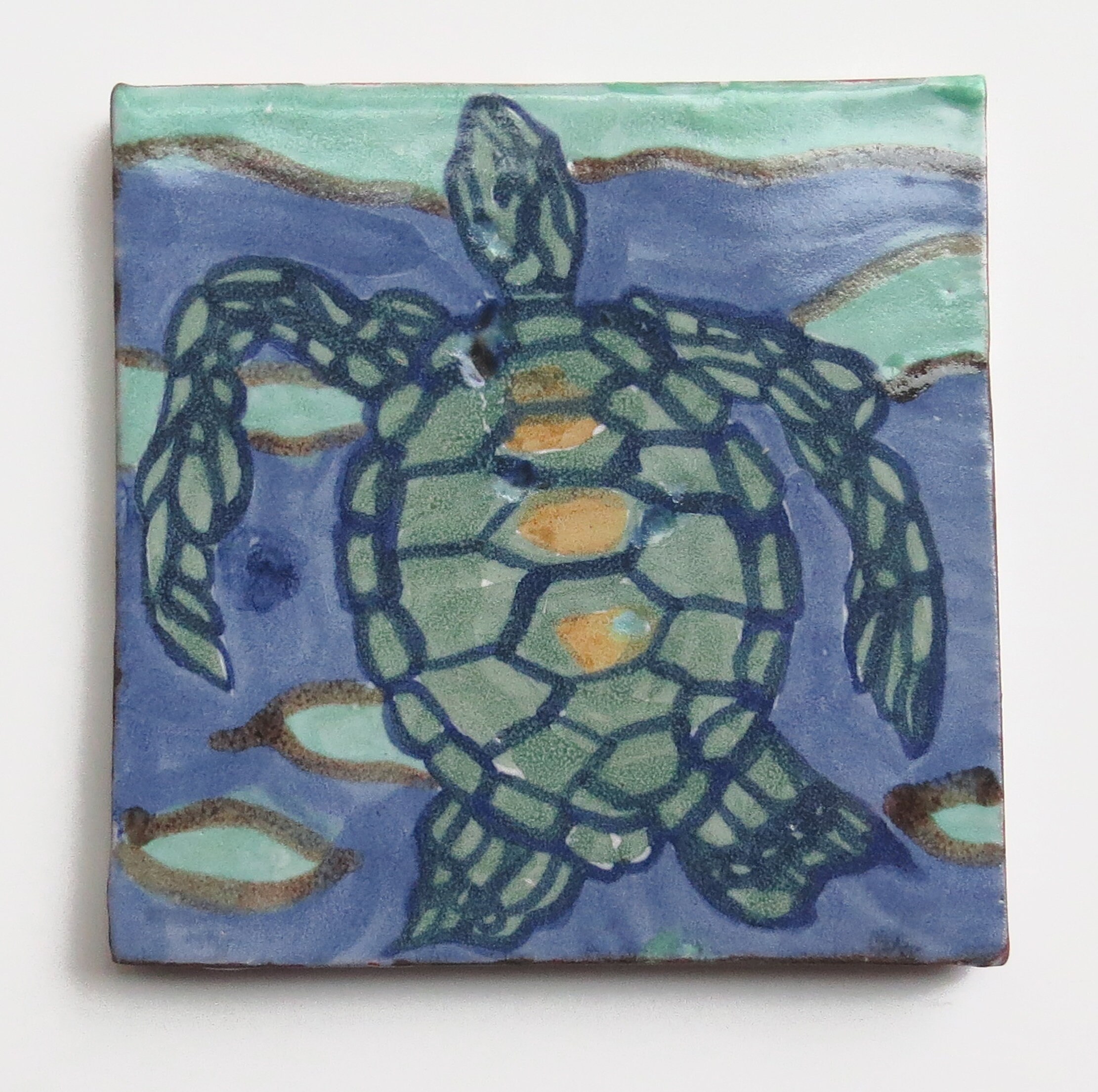 turtle backsplash Ceramic wall tile art 4x4 trivet art tiles Majolica tile sea turtle bathroom coastal ceramic art diy tile