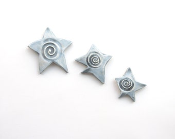 ceramic wall art blueish gray stars - Cosmic galaxy - wall sculpture set - ceramic decor - 3 stars  - wall sculpture