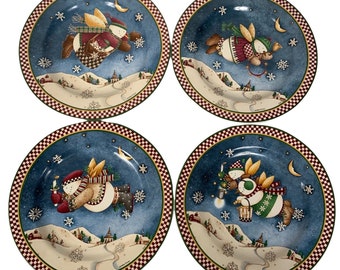 Sakura Debbie Mumm Snow Angel Village Platos de Ensalada Navidad Lote de 4 Vintage