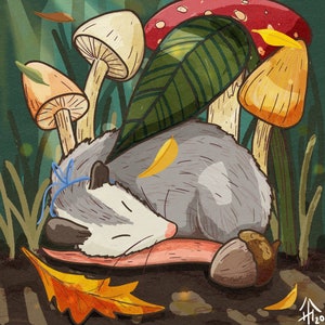 Asleep in the Forest Fall Opossum Giclee Print