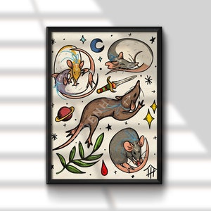 Traditionele Tattoo Rat Flash Sheet Print- 8,5 x 11&quot;