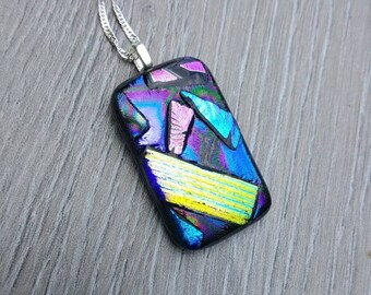 Dichroic Glass Pendant Necklace. Mulit-Colored Dichroic Fused Glass Jewelry with Sterling Silver Chain.