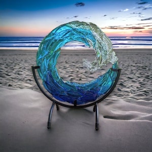 Fused Glass Ocean Wave Sculpture, 10 Inches, Free Standing Sculpture, Blue Wave, Nautical Sun Catcher With Stand