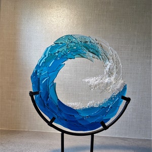 Fused Glass Ocean Wave Sculpture, 8 in. round Beach Decor, Sea Decor, Surf Decor, Blue Wave, Mother's Day gift