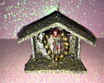 1950s Vintage BEADED HOUSE Caged Christmas Ornament Japan Hand Made Vintage Caged House Ornaments Vintage Japan Mercury Glass Ornaments