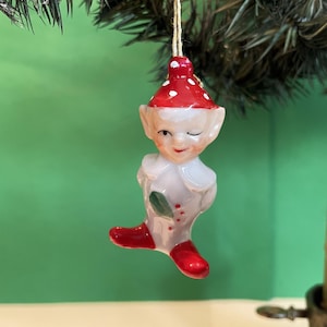 Vintage Elf Pixie Bell Christmas Ornament, for Feather Tree, Mid Century Holiday, TINY Tree Decoration, for Santa or Putz Village