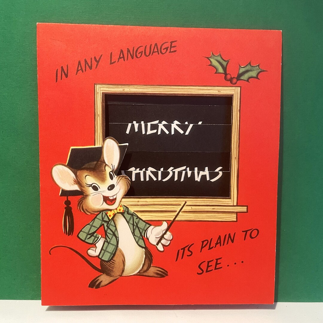 Vintage Mouse Professor Christmas Teacher Card Unused 1950's Novelty