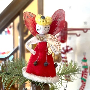 Vintage Angel Putz Ornament, Playing Harp, Spun Cotton Face, MINTY, Feather Tree Topper, Mid Century Holiday, 1950s Christmas, ANGEL ONLY