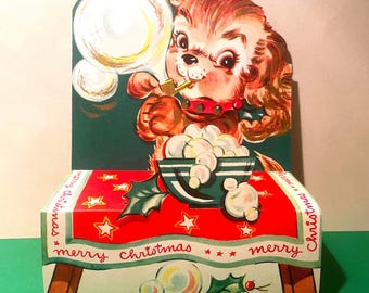 Vintage NOS Christmas Puppy Pop Up Card: Blowing Bubbles, Pristine  1950's, 3D Child's Holiday Greeting Card, NO Envelope