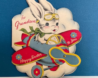 Vintage 1940s Easter Bunny Mechanical Pilot Norcross Card: Rabbit in Airplane flying in clouds, Propellor moves, NO Envelope