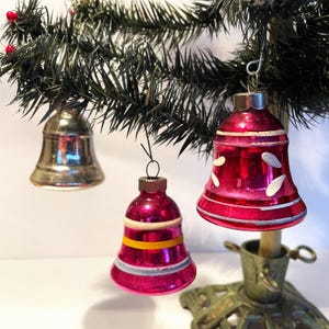 Vintage Shiny Brite Bells: Hot Pink & Silver Stripe, 1950s Christmas Ornaments