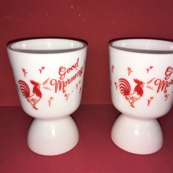 2 Vintage 1940's milk glass rooster egg cups, Juice cups, Red letters on white milk glass,  vintage kitchen, Easter decoration