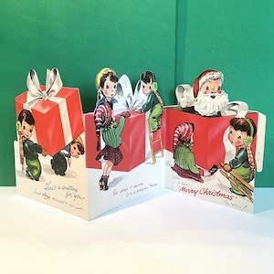 Vintage Santa and Elves Christmas Card: 1940s Pullout Tab Design