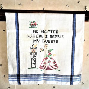 Vintage 1950s Cross Stitch Kitchen Towel: Farmhouse Embroidery