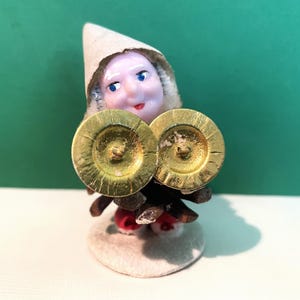 Vintage Pinecone Gnome, with cymbals, PlasticFace, Christmas Putz Village, 1960s Mid Century, Japan