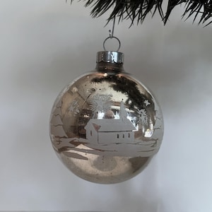 Vintage Shiny Brite Christmas Ornament: Silver Winter Scene, Little Girl