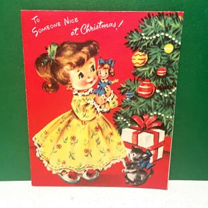 Vintage 1940s Christmas Card, MINTY NOS, Girl, Cat & Dolly, made in USA, With Envelope
