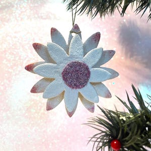 Vintage German Putz Ornament, Mica Glitter Cardboard Daisy, 1930s/40s Christmas Decor