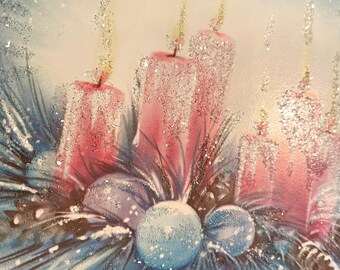Vintage Christmas Card, Candles, Ornaments, Pink, Blue, 1960s, Mica, Unused, NOS, Pristine. Crystal Fantasy, Quality Crest, With Envelope
