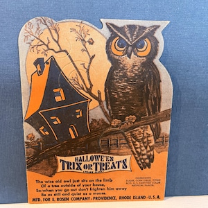 Vintage Halloween Lollipop Holder: 1950s Rosen Card, Trix or Treats, Owl Moon Spooky House