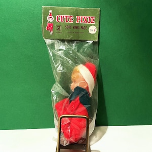 Vintage Knee Hugger Elf, Larger, NIOP, 1950s, Pristine, Red Green Felt Pixie, Mid Century Christmas Decoration, made in Japan