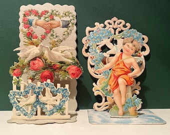 Vintage 1920s Stand up Fold Out Valentine Cards:  Set of TWO, Angel, Doves, Roses,