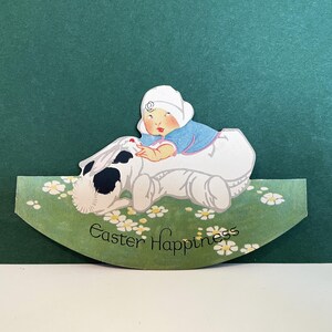 Vintage 1920s NOS RARE Easter Card: Pristine hand painted, Little girl with bunny, Antique Die Cut, SMALL