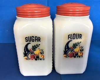 Vintage 1930s Hazel Atlas Sugar Flour Range Top Shakers: Large Cornucopia Shell Pattern, Depression Era Milk Glass,Fall Thanksgiving Kitchen