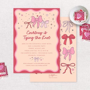 Bind de knoop digitale download uitnodiging vrijgezellenfeest | Bewerkbare kaart | Linten en strikken | Meisjesachtig roze | Afdrukbare sjabloon van 5 x 7