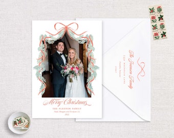 Ribbon Garland Christmas Party Invitation | Holiday Photo Card | Rustic Red Garland Ribbon | Custom Printed Card and Envelopes