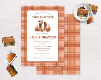 Autumn Plaid Digital Invitation | Pumpkins Cowboy Boots Fall Ribbons | Couples Shower Invite | Orange Watercolor Flowers | Fall in Love