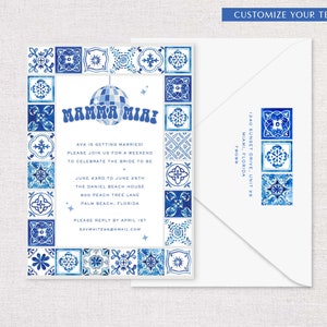 Invitaciones de fin de semana de despedida de soltera de Mamma Mia / Tarjetas impresas inspiradas en Santorini Grecia / Novia para ser / Fin de semana de Bach / Fiesta de Bach / ABBA