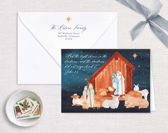 Christmas Manger Scene Folded Card | Nativity Watercolor Holiday Card | Photo Family Card | Christian Holiday Cards