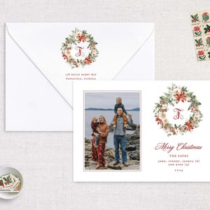 Poinsettia Monogram Wreath Christmas Photo Card | Watercolor Christmas Card | Customizable Christmas Cards | Printed Cards and Envelopes