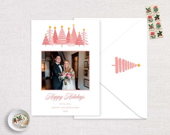 Pink Whimsical Forest Christmas Photo Card | Cute Holiday Trees | Wedding Christmas Card | Customizable | Printed  Envelopes