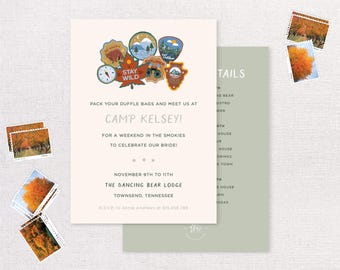 Camp Bride Bachelorette Digital Invitation | Plaid Green National Parks | Printable Bridal Shower Invite | Baby Shower Adventure | Editable
