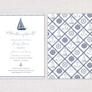 K&ouml;nnte beinhalten: Eine nautisch gestaltete Babyparty-Einladung mit einem blauen Segelboot, Anker und Kompass auf wei&szlig;em Hintergrund. Der Text lautet "Adventure Awaits! Bitte schlie&szlig;en Sie sich uns zu einer Babyparty zu Ehren von [name] und [name] am 9. Juli um 14:00 Uhr an. 220 Saint Matthews Street Mobile, Alabama. Das Paar ist auf babylist.com registriert. Bitte antworten Sie Meagan bis zum 1. Juli. [E-Mail-Adresse] oder [Telefonnummer]"