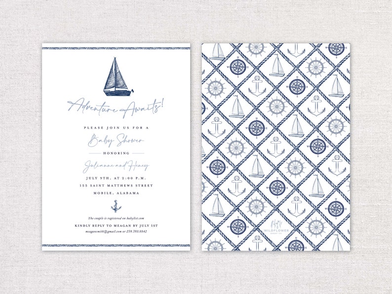 K&ouml;nnte beinhalten: Eine nautisch gestaltete Babyparty-Einladung mit einem blauen Segelboot, Anker und Kompass auf wei&szlig;em Hintergrund. Der Text lautet "Adventure Awaits! Bitte schlie&szlig;en Sie sich uns zu einer Babyparty zu Ehren von [name] und [name] am 9. Juli um 14:00 Uhr an. 220 Saint Matthews Street Mobile, Alabama. Das Paar ist auf babylist.com registriert. Bitte antworten Sie Meagan bis zum 1. Juli. [E-Mail-Adresse] oder [Telefonnummer]"