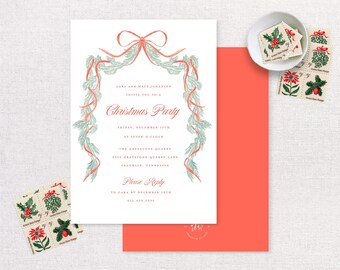 Christmas Garland Ribbon Invite Digital Download | Printable Invitation | Christmas Party | Holiday Party | Red and Green Ribbon