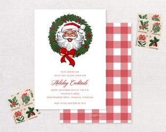 Christmas Vintage Santa Invitation | Digital Download | Printable Christmas Dinner Invite | Editable and Customizable 5x7 | Christmas Wreath
