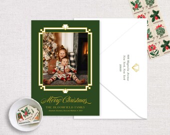 Art Deco Emerald Photo Christmas Card | Retro Decorative Christmas Card | Customizable Christmas Cards | Printed Cards and Envelopes