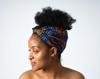 Fema Blue African Print Headwrap for Women, Ankara Kente Headwrap Scarf, Wax Print Cotton Headwrap UK, Blue African Print Headwrap
