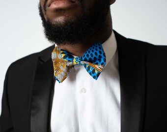 Mukuta African Print Bow Tie & Pocket Square Set, Blue Pre-tied African Bow Tie Set for Grooms and Groomsmen, Kente Bow Tie Set