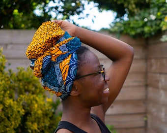 Tiva Orange African Print Headwrap, Ankara Kente Headwrap Scarf, Wax Print Cotton Headwrap UK, Blue And Yellow African Print Headwrap