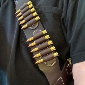 BANDOLIER Adjustable Leather 2.25&quot; wide, Sash Style w/Buckle, Single Ply, Brass or Shotgun, West World, Dead Pool, Steam Punk. SASS.