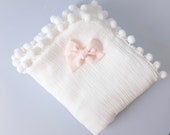 Pom Pom Swaddle Baby Blanket, (leave note when need it by) White Baby Blanket, Pom Pom Blanket, Cotton Blanket, summer(bow not attached)