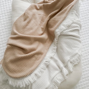 Two-tone Waffle brush baby swaddle blanket, baby blanket, neutral lace baby cover, lace swaddle