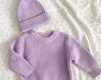 HOED INBEGREPEN (newborn) Stijlvolle gebreide babytrui, dikke kindertrui, lavendelkleurige dikke meisjestrui, naamborduurwerk, paars